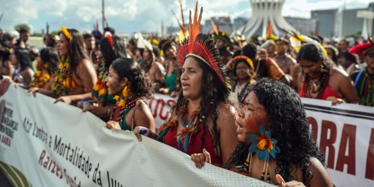 Em marcha, indígenas revelam orgulho de erguer faixas e bandeiras